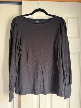 Boden Black Long-Sleeve Scoop Neck Top with Subtle Puff Sleeves